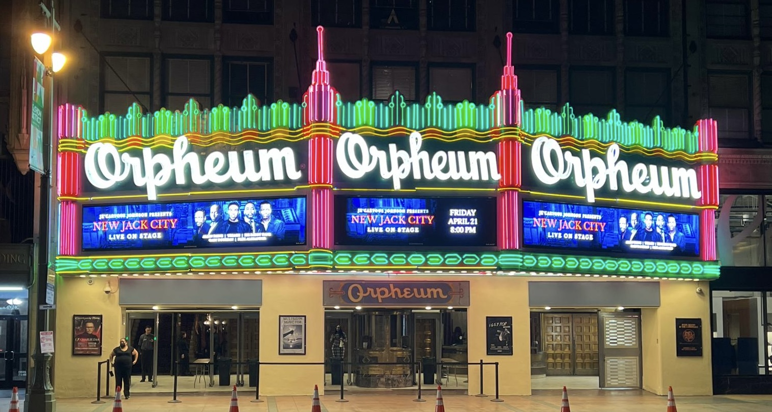 Orpheum Theatre neon marquee at night, custom signage craftsmanship by Lynch Sign